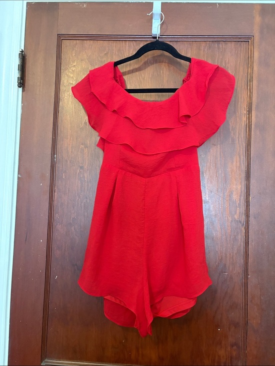Pants Store Pants - Red Ruffled Off-Shoulder Romper